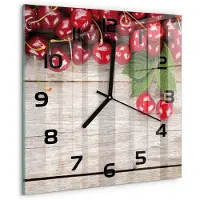 Tulup Wandklok - Kersen op hout Klok Glas Met Opdruk - 30x30 cm - Rood Moderne Wandklok Glas - Zwarte handen - Vierkante Klok - Decoratieve Glazen Klok - Glazen Wandklok Design