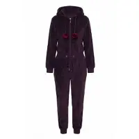Ulla Popken - Dames - Homewear overall pluche stippen capuchon lange mouwen - Donkerpruim - Maat 46+