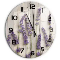 Tulup Wandklok - Lavendel op hout Klok Glas Met Opdruk - fi60 cm - Paars Moderne Wandklok Glas - Zwarte handen - Ronde Klok - Decoratieve Glazen Klok - Glazen Wandklok Design