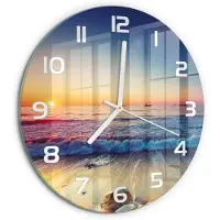 Tulup Wandklok - Zonsopgang boven de zee Klok Glas Met Opdruk - fi30 cm - Oranje Moderne Wandklok Glas - Witte handen - Ronde Klok - Decoratieve Glazen Klok - Glazen Wandklok Design