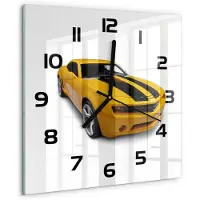 Tulup Wandklok - Sportwagen Wandklok Glas Met Motief - 30x30 cm - Geel Decoratieve Glazen Klok - Zwarte handen - Vierkante Klok - Gekleurde Glazen Klok - Glazen Klok Met Print