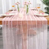 Famanu - Tafelloper Roze - Creëert een feestelijke sfeer - Met parel en tulle - 75x300cm