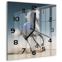 Tulup Wandklok - Galopperend grijs paard Moderne Wandklok Glas - 30x30 cm - Wit Wandklok Glas Decoratie - Zwarte handen - Vierkante Klok - Glazen Wandklok Design - Klok Glas Met Opdruk