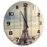 Tulup Wandklok - Eiffeltoren Parijs Wandklok Glas Decoratie - fi60 cm - Beige Gekleurde Glazen Klok - Zwarte handen - Ronde Klok - Klok Glas Met Opdruk - Moderne Wandklok Glas