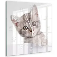 Tulup Wandklok - Grijze kat Moderne Wandklok Glas - 60x60 cm - Grijs Wandklok Glas Decoratie - Witte handen - Vierkante Klok - Glazen Wandklok Design - Klok Glas Met Opdruk