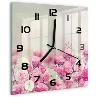 Tulup Wandklok - Wilde rozenbloemen Decoratieve Glazen Klok - 30x30 cm - Roze Glazen Wandklok Design - Zwarte handen - Vierkante Klok - Glazen Klok Met Print - Wandklok Glas Met Motief