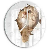 Tulup Wandklok - Kat Glazen Klok Met Print - fi30 cm - Beige Wandklok Glas Met Motief - Witte handen - Ronde Klok - Wandklok Glas Decoratie - Gekleurde Glazen Klok