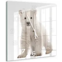 Tulup Wandklok - Ijsbeer Wandklok Glas Met Motief - 60x60 cm - Wit Decoratieve Glazen Klok - Witte handen - Vierkante Klok - Gekleurde Glazen Klok - Glazen Klok Met Print