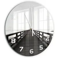 Tulup Wandklok - Houten brug Wandklok Glas Met Motief - fi60 cm - Zwart-wit Decoratieve Glazen Klok - Witte handen - Ronde Klok - Gekleurde Glazen Klok - Glazen Klok Met Print