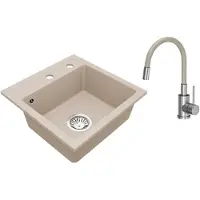 VBChome granieten spoelbak, 44 x 44 cm, beige, met flexibele kraan. Enkele spoelbak, inbouwspoelbak, gespoten afwerking. Gemakkelijk te onderhouden spoelbak met sifon