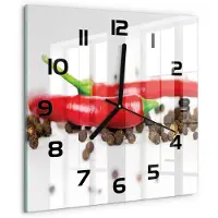 Tulup Wandklok - Chili en peper Gekleurde Glazen Klok - 30x30 cm - Rood Glazen Klok Met Print - Zwarte handen - Vierkante Klok - Moderne Wandklok Glas - Wandklok Glas Decoratie