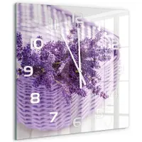 Tulup Wandklok - Lavendel in een mand Decoratieve Glazen Klok - 60x60 cm - Paars Glazen Wandklok Design - Witte handen - Vierkante Klok - Glazen Klok Met Print - Wandklok Glas Met Motief
