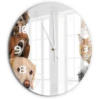 Tulup Wandklok - Honden en katten Wandklok Glas Decoratie - fi60 cm - Beige Gekleurde Glazen Klok - Witte handen - Ronde Klok - Klok Glas Met Opdruk - Moderne Wandklok Glas