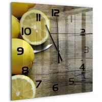 Tulup Wandklok - Citroenen op hout Glazen Wandklok Design - 60x60 cm - Geel Klok Glas Met Opdruk - Zwarte handen - Vierkante Klok - Wandklok Glas Met Motief - Decoratieve Glazen Klok
