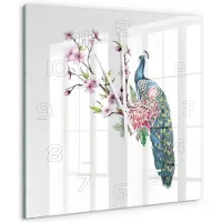 Tulup Wandklok - Pauw en bloemen Wandklok Glas Decoratie - 60x60 cm - Veelkleurig Gekleurde Glazen Klok - Witte handen - Vierkante Klok - Klok Glas Met Opdruk - Moderne Wandklok Glas