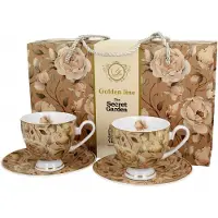 DUO sp. z o.o. Set van 2 English Roses Cream kopjes met schotels, gouden lijn