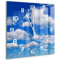 Tulup Wandklok - Wolken aan de hemel Glazen Klok Met Print - 60x60 cm - Blauw Wandklok Glas Met Motief - Witte handen - Vierkante Klok - Wandklok Glas Decoratie - Gekleurde Glazen Klok