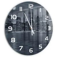 Tulup Wandklok - New York 's nachts Wandklok Glas Met Motief - fi60 cm - Zwart-wit Decoratieve Glazen Klok - Witte handen - Ronde Klok - Gekleurde Glazen Klok - Glazen Klok Met Print