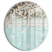 Tulup Wandklok - Kersenbloesem Glazen Klok Met Print - fi30 cm - Beige Wandklok Glas Met Motief - Witte handen - Ronde Klok - Wandklok Glas Decoratie - Gekleurde Glazen Klok