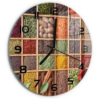Tulup Wandklok - Specerijen en kruiden Glazen Klok Met Print - fi30 cm - Veelkleurig Wandklok Glas Met Motief - Zwarte handen - Ronde Klok - Wandklok Glas Decoratie - Gekleurde Glazen Klok