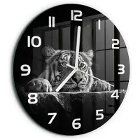 Tulup Wandklok - Tijger Wandklok Glas Met Motief - fi30 cm - Zwart-wit Decoratieve Glazen Klok - Witte handen - Ronde Klok - Gekleurde Glazen Klok - Glazen Klok Met Print