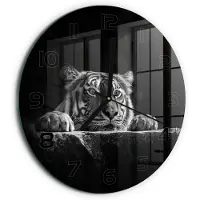 Tulup Wandklok - Tijger Klok Glas Met Opdruk - fi30 cm - Zwart-wit Moderne Wandklok Glas - Zwarte handen - Ronde Klok - Decoratieve Glazen Klok - Glazen Wandklok Design