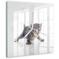 Tulup Wandklok - Kleine kat Glazen Wandklok Design - 30x30 cm - Grijs Klok Glas Met Opdruk - Witte handen - Vierkante Klok - Wandklok Glas Met Motief - Decoratieve Glazen Klok