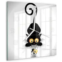Tulup Wandklok - Kat en muis Klok Glas Met Opdruk - 30x30 cm - Zwart Moderne Wandklok Glas - Witte handen - Vierkante Klok - Decoratieve Glazen Klok - Glazen Wandklok Design