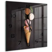 Tulup Wandklok - IJs in een wafelhoorntje Moderne Wandklok Glas - 60x60 cm - Zwart Wandklok Glas Decoratie - Zwarte handen - Vierkante Klok - Glazen Wandklok Design - Klok Glas Met Opdruk