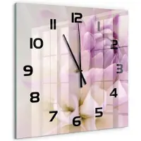 Tulup Wandklok - Witte dahlia Wandklok Glas Decoratie - 60x60 cm - Paars Gekleurde Glazen Klok - Zwarte handen - Vierkante Klok - Klok Glas Met Opdruk - Moderne Wandklok Glas