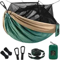 Famanu Dubbele hangmat met muggennet - Draagbare hangmat-tent voor reizen en kamperen - Legergroen