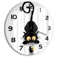 Tulup Wandklok - Kat en muis Glazen Wandklok Design - fi30 cm - Zwart Klok Glas Met Opdruk - Zwarte handen - Ronde Klok - Wandklok Glas Met Motief - Decoratieve Glazen Klok