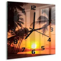 Tulup Wandklok - Zonsondergangstrand Klok Glas Met Opdruk - 30x30 cm - Oranje Moderne Wandklok Glas - Zwarte handen - Vierkante Klok - Decoratieve Glazen Klok - Glazen Wandklok Design