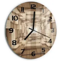 Tulup Wandklok - Houten tunnel Glazen Wandklok Design - fi30 cm - Beige Klok Glas Met Opdruk - Zwarte handen - Ronde Klok - Wandklok Glas Met Motief - Decoratieve Glazen Klok