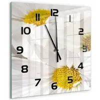Tulup Wandklok - Madeliefje Decoratieve Glazen Klok - 60x60 cm - Geel Glazen Wandklok Design - Zwarte handen - Vierkante Klok - Glazen Klok Met Print - Wandklok Glas Met Motief