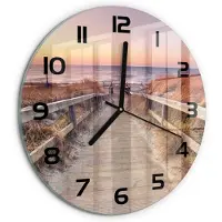 Tulup Wandklok - De weg naar het strand Gekleurde Glazen Klok - fi30 cm - Oranje Glazen Klok Met Print - Zwarte handen - Ronde Klok - Moderne Wandklok Glas - Wandklok Glas Decoratie