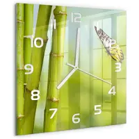 Tulup Wandklok - Bamboe en vlinder Glazen Wandklok Design - 30x30 cm - Groente Klok Glas Met Opdruk - Witte handen - Vierkante Klok - Wandklok Glas Met Motief - Decoratieve Glazen Klok
