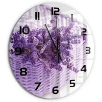 Tulup Wandklok - Lavendel in een mand Wandklok Glas Met Motief - fi60 cm - Paars Decoratieve Glazen Klok - Zwarte handen - Ronde Klok - Gekleurde Glazen Klok - Glazen Klok Met Print