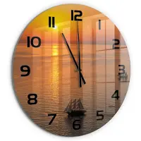 Tulup Wandklok - Zonsondergang Zee Decoratieve Glazen Klok - fi60 cm - Oranje Glazen Wandklok Design - Zwarte handen - Ronde Klok - Glazen Klok Met Print - Wandklok Glas Met Motief