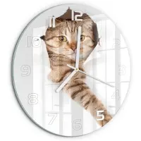 Tulup Wandklok - Kat Wandklok Glas Met Motief - fi30 cm - Beige Decoratieve Glazen Klok - Witte handen - Ronde Klok - Gekleurde Glazen Klok - Glazen Klok Met Print