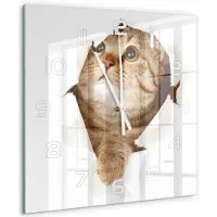 Tulup Wandklok - Kat Decoratieve Glazen Klok - 60x60 cm - Beige Glazen Wandklok Design - Witte handen - Vierkante Klok - Glazen Klok Met Print - Wandklok Glas Met Motief