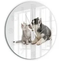 Tulup Wandklok - Hond en kat Wandklok Glas Decoratie - fi60 cm - Zwart Gekleurde Glazen Klok - Witte handen - Ronde Klok - Klok Glas Met Opdruk - Moderne Wandklok Glas