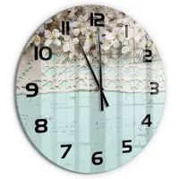 Tulup Wandklok - Kersenbloesem Wandklok Glas Met Motief - fi60 cm - Beige Decoratieve Glazen Klok - Zwarte handen - Ronde Klok - Gekleurde Glazen Klok - Glazen Klok Met Print