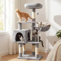 Merkloos Kattenkrabpaal 111 cm, grijs, met platform en hangmat, voor binnenkatten
