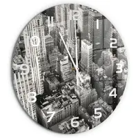 Tulup Wandklok - Vogelsvlucht in New York Glazen Wandklok Design - fi60 cm - Zwart-wit Klok Glas Met Opdruk - Witte handen - Ronde Klok - Wandklok Glas Met Motief - Decoratieve Glazen Klok