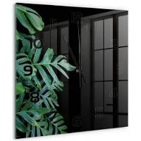 Tulup Wandklok - Monstera Wandklok Glas Decoratie - 60x60 cm - Groente Gekleurde Glazen Klok - Zwarte handen - Vierkante Klok - Klok Glas Met Opdruk - Moderne Wandklok Glas