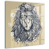 Tulup Wandklok - Hipster Leeuw Glazen Klok Met Print - 60x60 cm - Beige Wandklok Glas Met Motief - Witte handen - Vierkante Klok - Wandklok Glas Decoratie - Gekleurde Glazen Klok