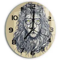 Tulup Wandklok - Hipster Leeuw Wandklok Glas Met Motief - fi30 cm - Beige Decoratieve Glazen Klok - Zwarte handen - Ronde Klok - Gekleurde Glazen Klok - Glazen Klok Met Print