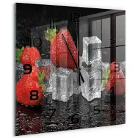 Tulup Wandklok - Aardbeien met ijs Wandklok Glas Decoratie - 60x60 cm - Rood Gekleurde Glazen Klok - Zwarte handen - Vierkante Klok - Klok Glas Met Opdruk - Moderne Wandklok Glas