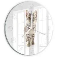 Tulup Wandklok - Grijze kat Klok Glas Met Opdruk - fi30 cm - Grijs Moderne Wandklok Glas - Witte handen - Ronde Klok - Decoratieve Glazen Klok - Glazen Wandklok Design